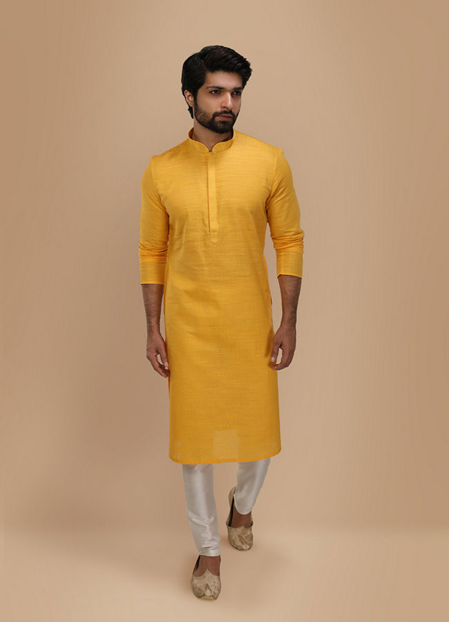 Yellow Self Design Kurta Pajama image number 1